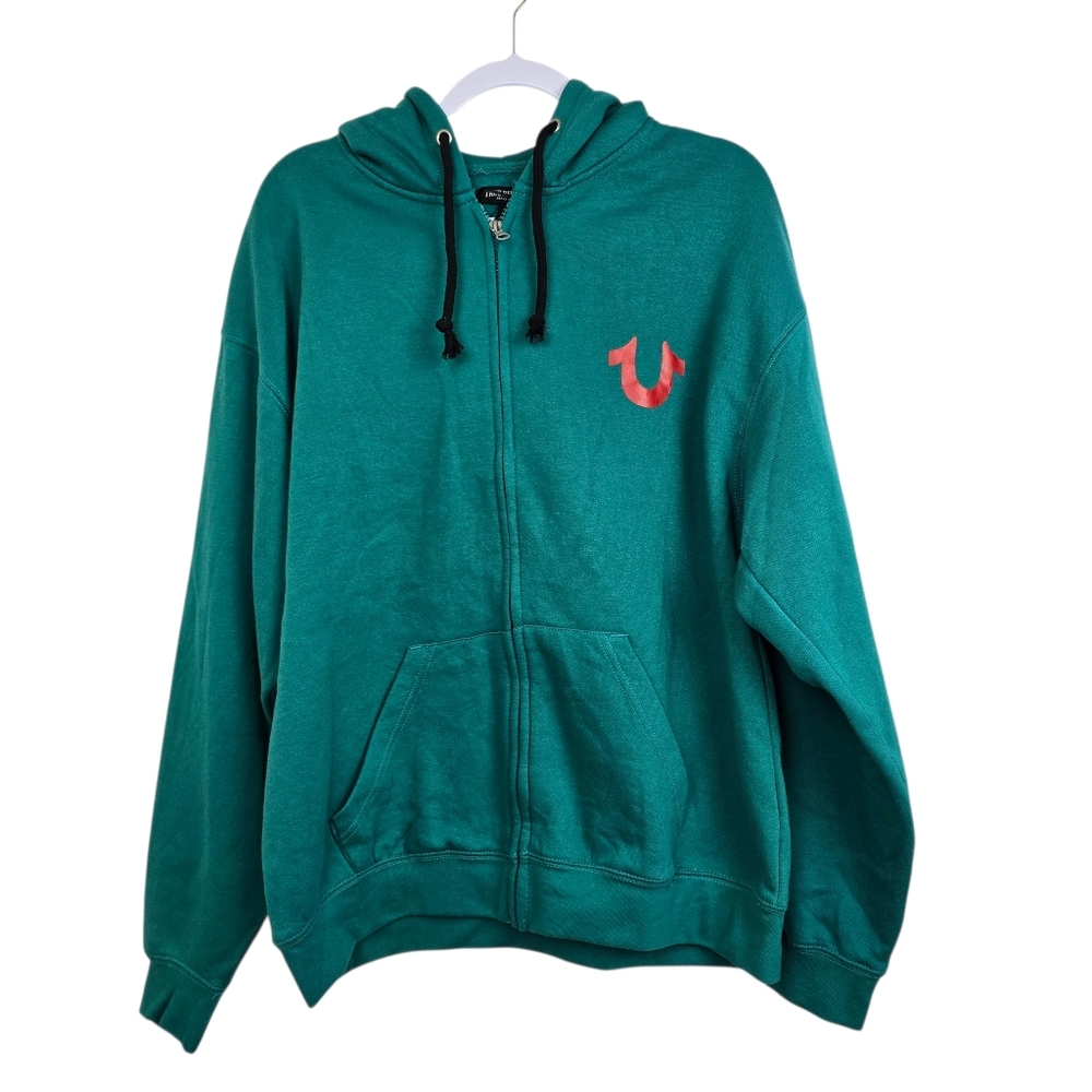 True Religion Men’s Green Full Zip Hoodie Sweatshirt Size Large Streetwear Y2K